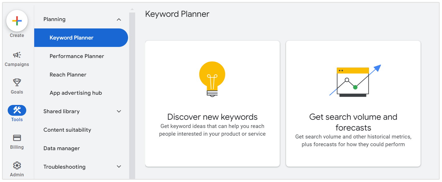 google keyword planner étape 1